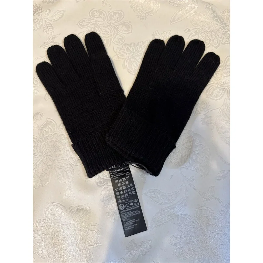 All Saints Gloves Black Women Mixed Stitch Knit Wool Blend Outdoor Streetwear NE